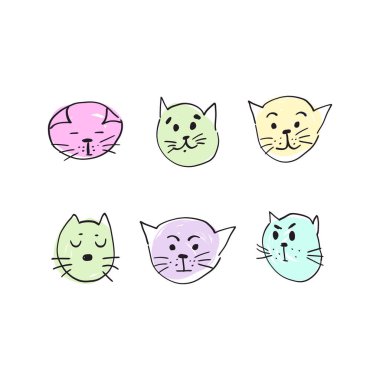 Kedilerin çeşitli ruh hali ağızlık ile sevimli el çizimi. İzole edilmiş arkaplanda karalama tarzı vektör çizimi..