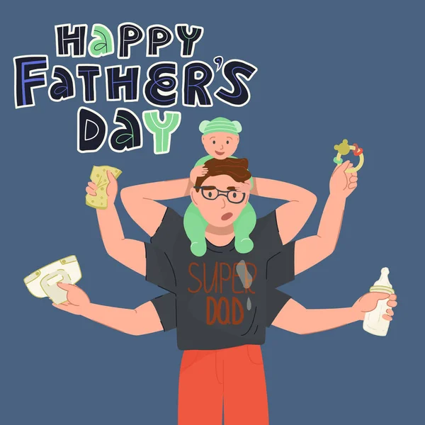 Lindo padre feliz día tarjeta design.Tired multiarmed como Shiva padre joven haciendo mucho funciona a la vez . — Archivo Imágenes Vectoriales