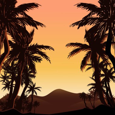 Avuç içi siluetleri ve çölde dağları olan egzotik bir ülkede günbatımına sahip tropik manzara..