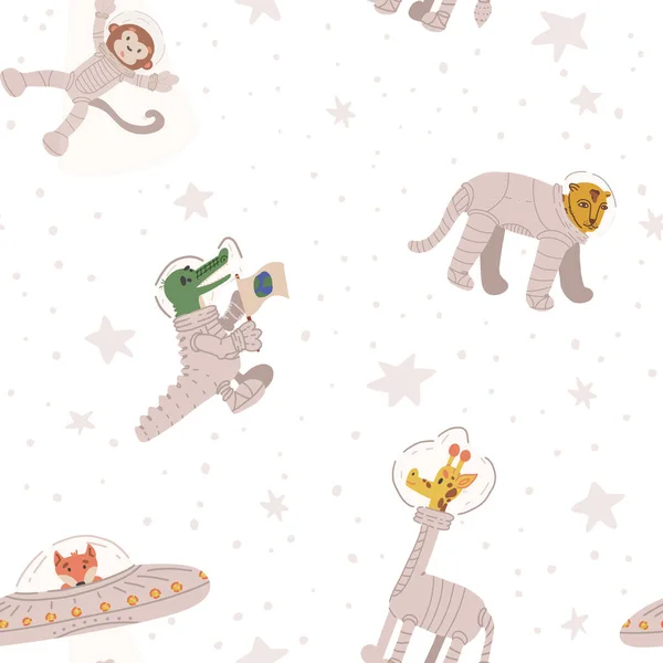 Animal astronauts seamless pattern. Cheetah, giraffe, alien fox in UFO kidnapping monkey spaceman, crocodile.