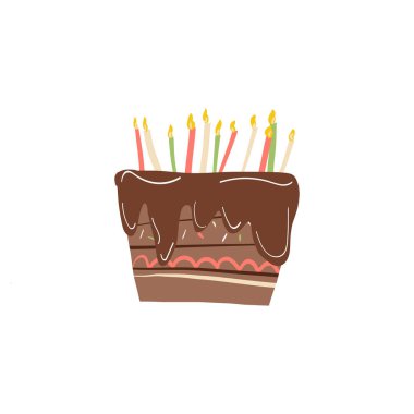 Bir sürü yanan mum, renkli krema süsleme ve kakao kremalı şirin çikolatalı pasta. İzole edilmiş arkaplanda vektör el çizimi