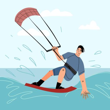 Genç gülümseyen uçurtma sörfçüsü deniz manzaralı bir dalgada sörf yaparken eğleniyor. El çizimi vektör izole çizimi.