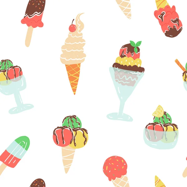 Seamless vector pattern with various tastes ice cream in a waffle cone, frozen yogurt and juice with topping, sorbet. — Stock Vector