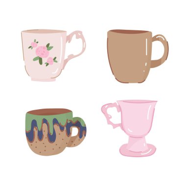 4 çeşit çay ve kahve porseleni seti ve el yapımı seramik bardak ve kupa..