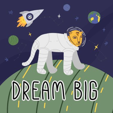Gezegen üzerinde yürüyen astronot kıyafetli bir çitanın olduğu komik bir yazı hayal et, roket üzerinde uçan panda..
