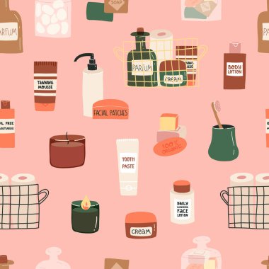 Banyo ve duş çeşitli aksesuarlar ve yüz ve vücut estetiği pembe arka planda kusursuz vektör deseni.
