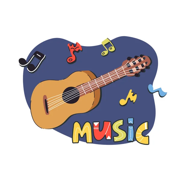 Lustige handgezeichnete Gitarre mit Noten und Schriftzug Banner, Symbol, Etikett buntes Design. — Stockvektor