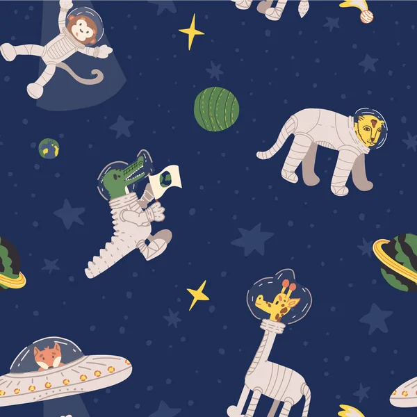 Animal astronauts vector in outer space seamless pattern.Cheetah, giraffe, alien fox in UFO kidnapping monkey, crocodile