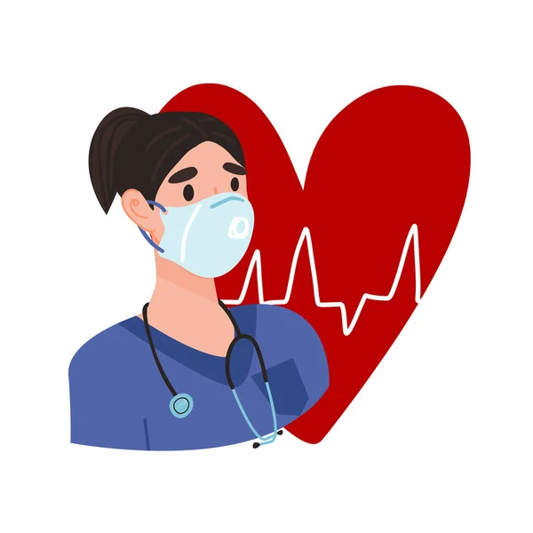 心臓の鼓動と看護師の心臓と彼女の顔に医療保護マスク. — ストックベクタ