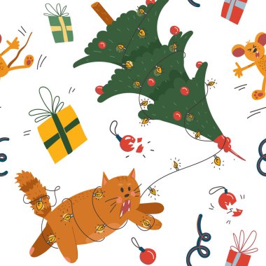 Duvar kağıdı veya ambalaj kağıdı, tekstil, kumaş, kaplama ve diğer baskılar için eğlenceli ve dinamik Noel kusursuz desen. Şirin kedi Noel ağacını devirmiş, çelenge dolanmış ve korkmuş bir fare, 2020 yılının sembolü. El çizimi vect