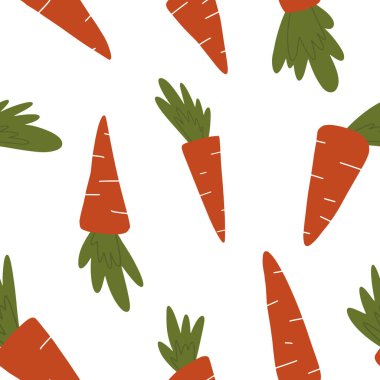 Tekstil, kumaş, duvar kâğıdı, kaplama, ambalaj kağıdı, baskı ve diğerleri için izole edilmiş arka planda havuçlu, modaya uygun bir el çizimi. Düz biçimli vektör illüstrasyonu.