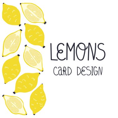 Renkli ve sulu bir el çizimi limon kart tasarımı, afiş şablonu. İzole edilmiş arkaplanda düz vektör çizimi. 