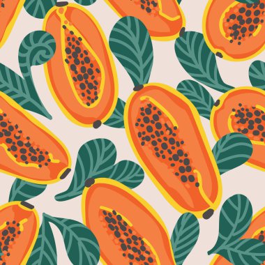 Renkli ve sulu bir el çizimi papaya ve kaplama, ambalaj kağıdı, kumaş ve bez baskısı için yaprak deseni. Düz vektör çizimi. Pankartlar için yaz indirimi işareti.