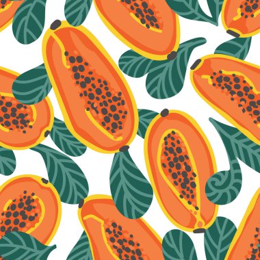 Renkli ve sulu bir el çizimi papaya ve kaplama, ambalaj kağıdı, kumaş ve bez baskısı için yaprak deseni. Düz vektör çizimi. Pankartlar için yaz indirimi işareti.