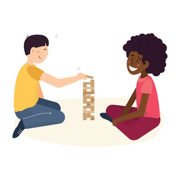 多民族の子供の友情とティーンエイジャーの友人は娯楽の概念 子供たち アフリカ系アメリカ人の男の子とCaucasianアフリカ系アメリカ人の女の子持っていますDunとともにボードゲーム木の塔ゲーム小麦粉に座って — ストックベクタ