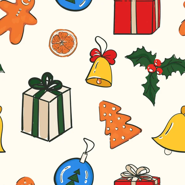 Zabawny Ładny Kolorowy Ręcznie Rysowane Boże Narodzenie Bezszwowy Wzór Pakowania — Wektor stockowy