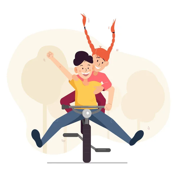 Two Kids Teenager Boy One Hand Red Hair Girl Bycicle — Stock Vector