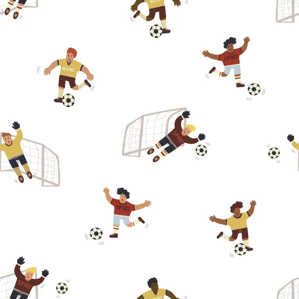 Spaß Und Dynamische Nahtlose Muster Mit Fußballern Die Auf Dem — Stockvektor