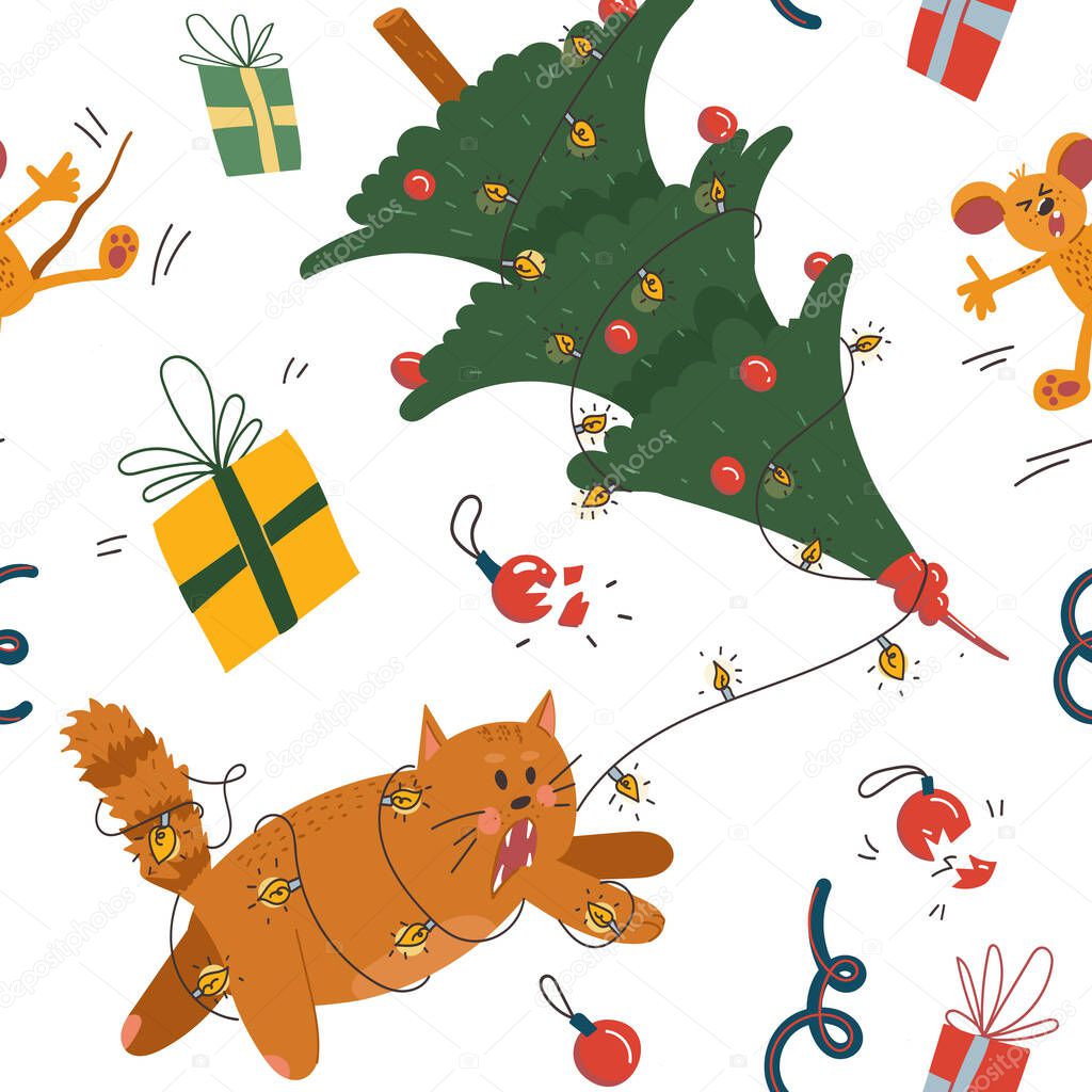 Fun and dynamic Christmas seamless pattern - for wallpaper or wrapping paper, textile, fabric, coverage and other print. Cute the cat knocked over the Christmas  tree, entangled in a garland and scared mouse, symbol of the 2020 year. Hand drawn  vect