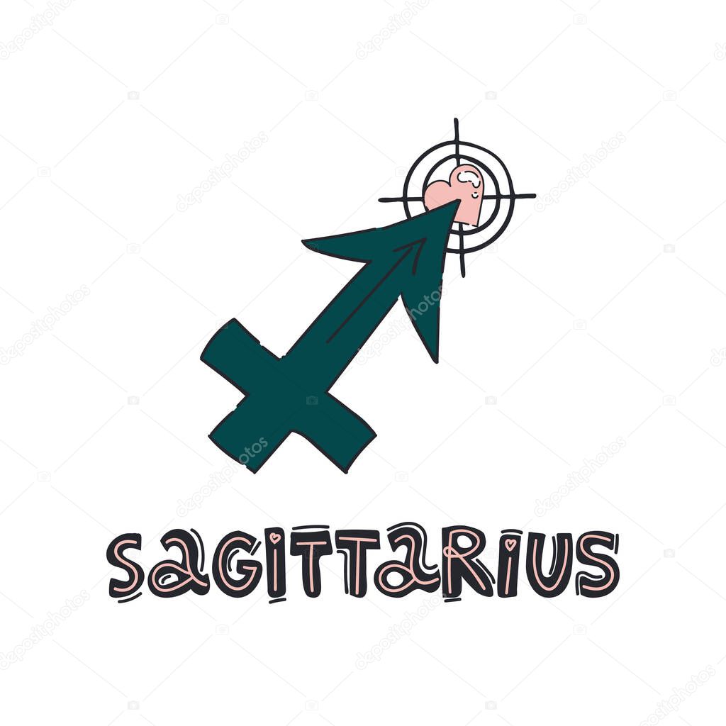 Fun and cute trendy doodle style zodiac sign Leo Sagittarius Aries Pisces Capricorn symbol, icon for your design and print. Hand drawn lettering text. Vector illustration in flat style on isolated background. 