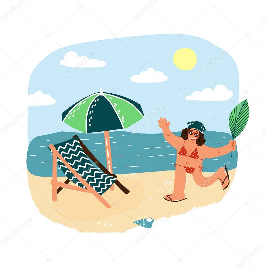 Happy smiling woman with palm leaf running across the beach to her sunshade and lounge chair. Resuming tourism concept.