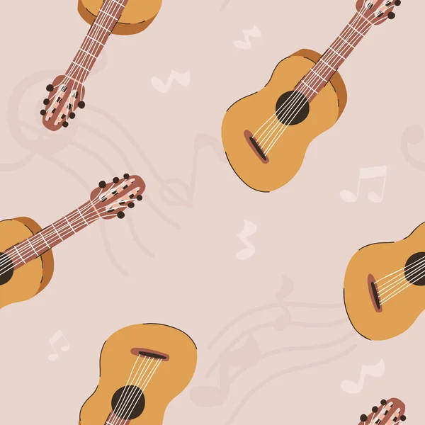 Patrón sin costura vectorial dibujado a mano divertido con guitarra y partitura con notas y violín tiemblan sobre fondo beige . — Archivo Imágenes Vectoriales