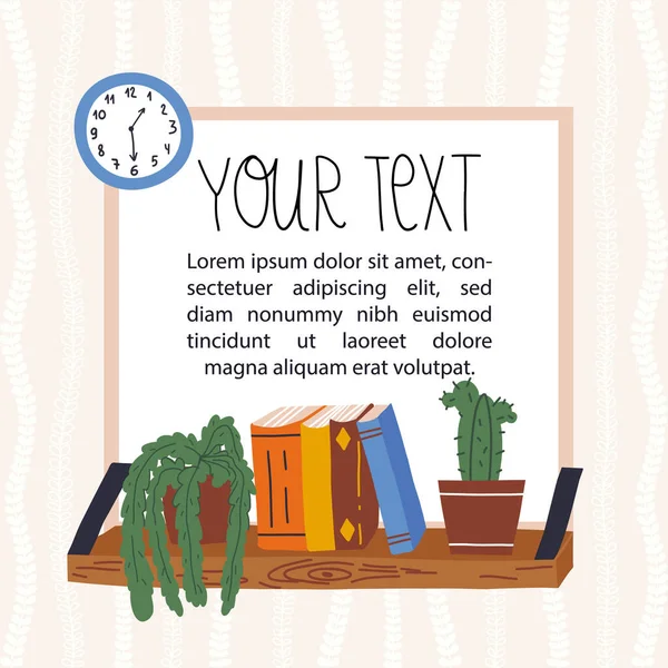 Plantilla de pancarta con estante para libros y plantas caseras en macetas, un reloj de pared cuelga cerca sobre un fondo de papel pintado cubierto de hierba . — Vector de stock