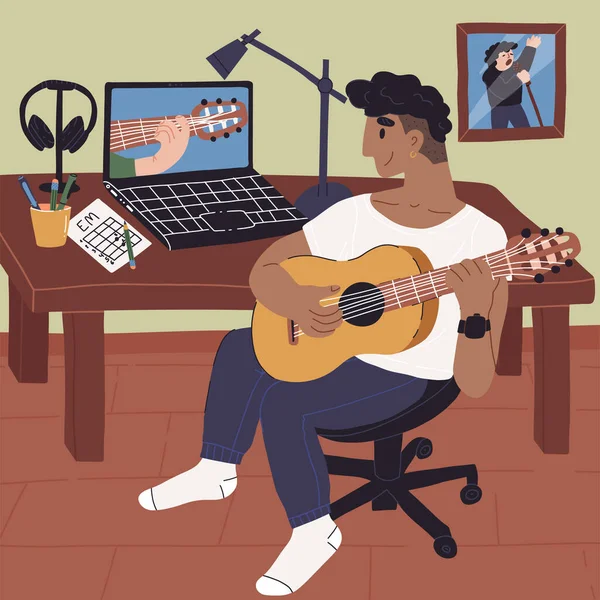 Young Latin guy learns how to play guitar online and watches webinar on his laptop at home. Stay home concept. — Stock Vector