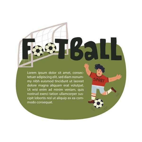 Handgezeichnete Karte und Banner Sportdesign mit Schriftzug. Stürmer rennt auf dem Platz zum Ball und zu den Toren — Stockvektor
