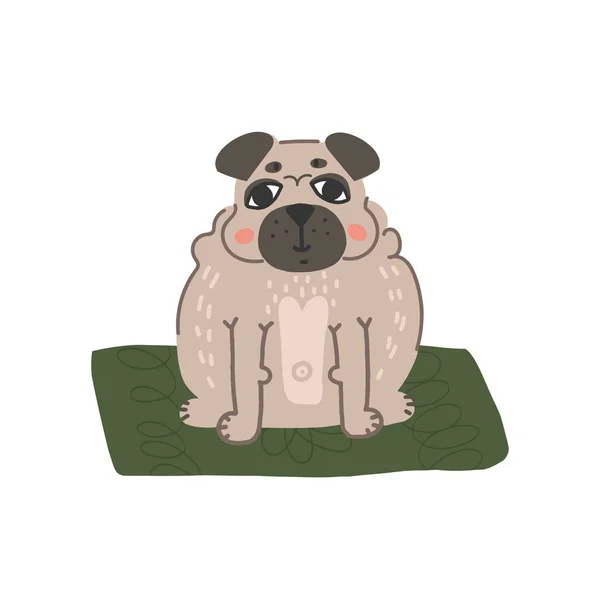 Mignon chiot souriant gros carlin sur tapis vert. Illustration vectorielle plate sur fond isolé. — Image vectorielle