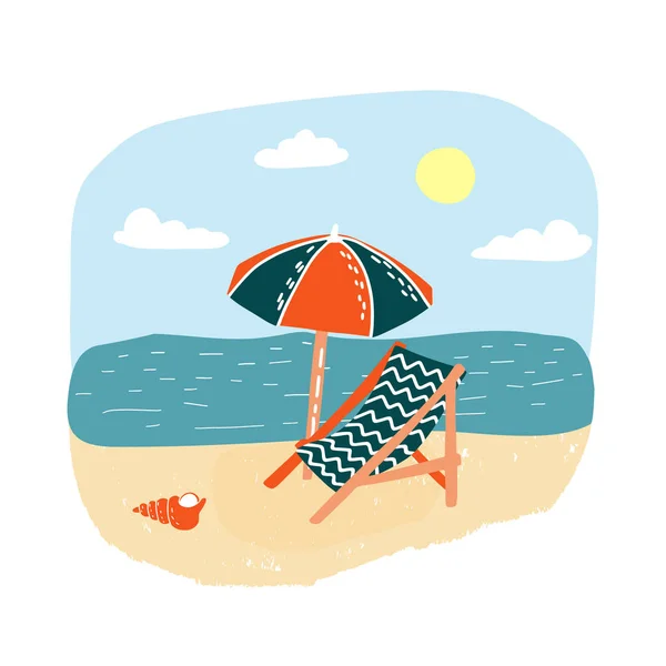 Paisaje marino de verano con arena de playa y tumbonas con sombrilla. Diseño de banner de concepto de vacaciones sin personas . — Vector de stock