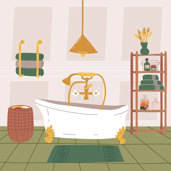 Lyxigt badrum interiör med en vintage stil badkar på klo fot, en hylla med badtillbehör, handduk innehavaren. — Stock vektor