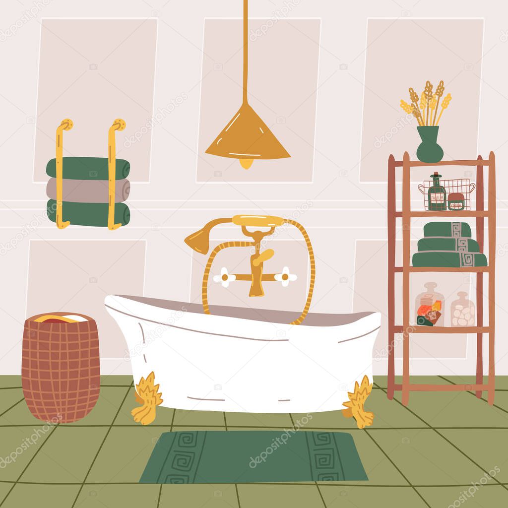 Luxurious bathroom interior with a vintage style bathtub on the claw foot, a shelf with bath accessories,towel holder.