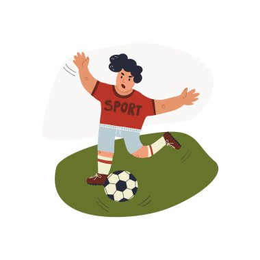 Forvet futbolcu sahada topa koşar. Eğlenceli bir el çizimi kart ve pankart sportif tasarımı. Düz vektör izole çizimi.