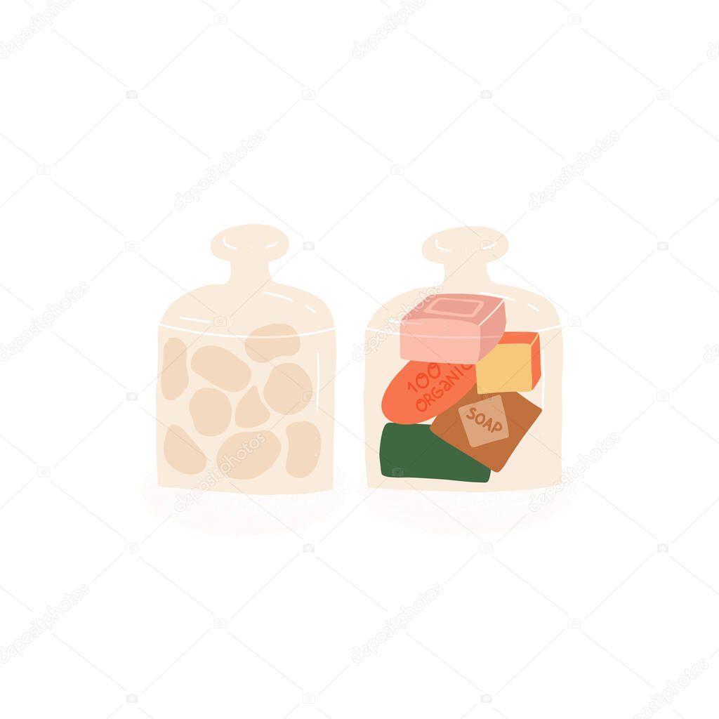 Bathroom accessories decor set. Two glass containers with a lid for cotton balls and multi-colored blocks of organic soap. Flat vector hand drawn illustration on isolated background.