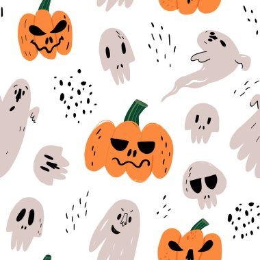 Cadılar Bayramı vektörünün kusursuz deseni, komik elli, ürkütücü gülüşlü balkabakları, korkunç hayaletler ve ürkütücü kafatasları.