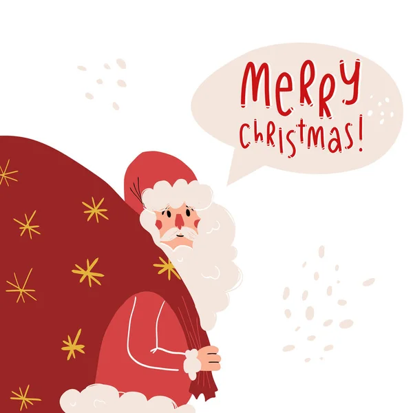 Carino disegnato a mano Babbo Natale con barba e borsa enorme con regali e Buon Natale saluto lettering in bolla discorso. — Vettoriale Stock