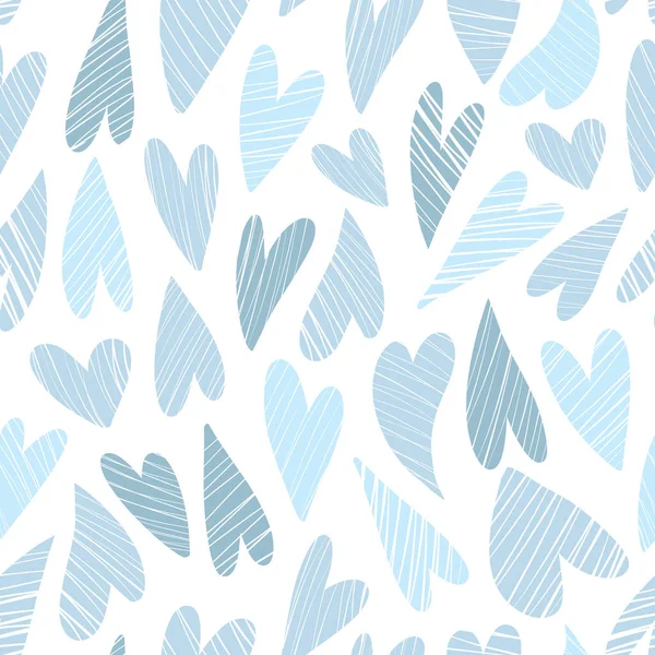 Απρόσκοπτη απομονωμένο μοτίβο με διάφορες ζωγραφισμένες στο χέρι μπλε αποχρώσεις καρδιές. Χαριτωμένο σχέδιο για κλωστοϋφαντουργικά και άλλα έντυπα. — Διανυσματικό Αρχείο