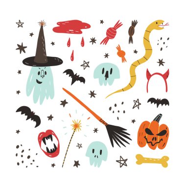 Güzel el çizimi Cadılar Bayramı öğeleri ve karakterleri. Korkunç kafatası, cadı şapkalı hayalet, ürkütücü balkabağı, yarasalar ve diğerleri..