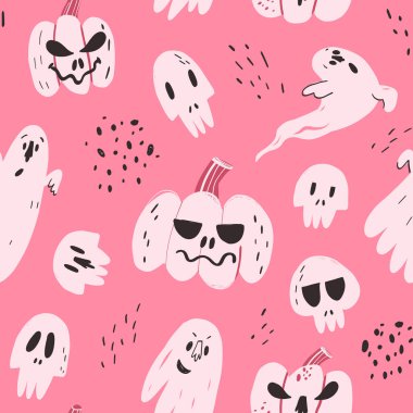 Cadılar Bayramı pembe, pürüzsüz desenli, el çizimi, ürkütücü gülüşlü balkabakları, ürkütücü hayaletler ve ürkütücü kafatasları.