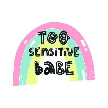 Çok hassas bebek komik eli yazı ve sevimli gökkuşağı çizmiş. Kart, afiş, tişört baskısı tasarımı.