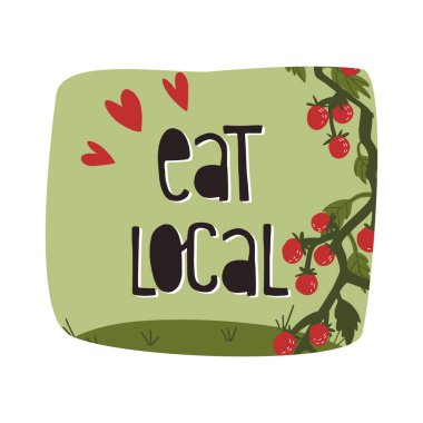 Yerel etiket tasarımını ye. Eğlenceli el yazısı ve yeşil arka planda domates asması. Organik, sağlıklı gıda konsepti.