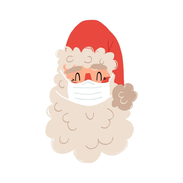 Carino disegnato a mano Babbo Natale in una maschera medica. Sanità a causa della pandemia del COVID-19 durante le vacanze di Natale. — Vettoriale Stock