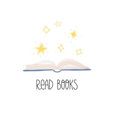 Açık bir kitap ve üzerinde bir sürü eğlenceli yıldız var. El çizimi harf harfi okuma kitapları.