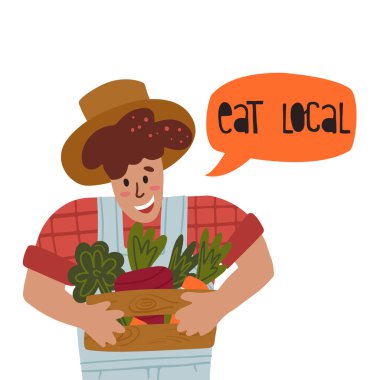 Konuşma bulutu içinde yerel el yazmalarını yiyin ve çiftçi ahşap sandık dolusu taze sebze tutsun havuç, pancar, marul gibi..