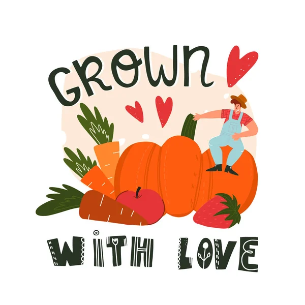 Cultivado con amor dibujado a mano letras con corazones y pequeño agricultor se sienta en enormes verduras y frutas. — Vector de stock