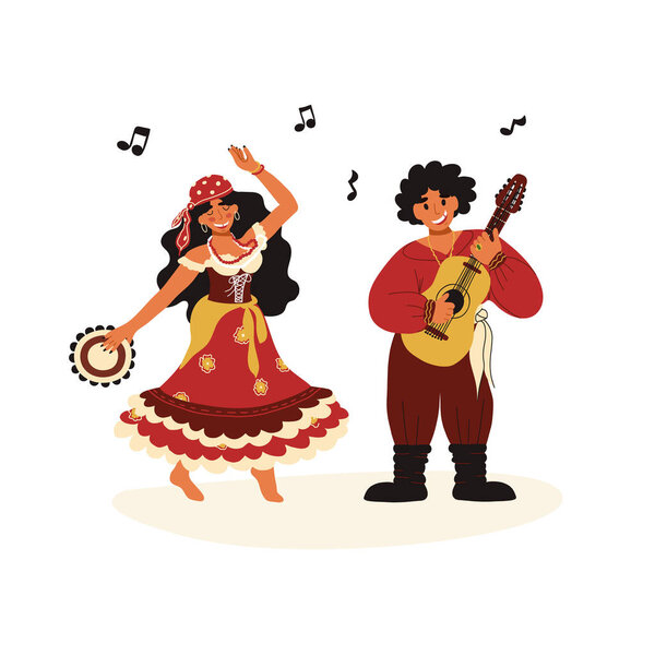 Couple of happy dancing gypsies - girl with tambourine in bright colorful traditional dress and man which plays guitar.