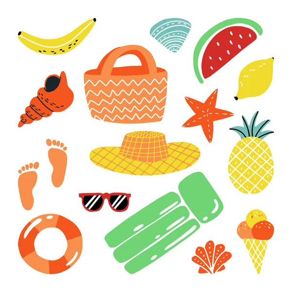 Frutas, conchas, estrellas, huellas de pies, salón inflable, helado, gafas de sol y otros atributos de verano conjunto de pegatinas. — Vector de stock