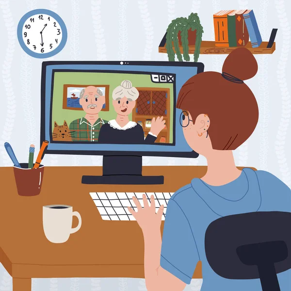Student meisje belt en praat online door haar PC naar haar oude ouders van thuis. — Stockvector