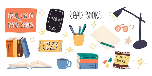 Fun hand drawn enjoying reading and home pastime and set. Books, e-reader,mug, table lamp, sweets,lettering stickers.
